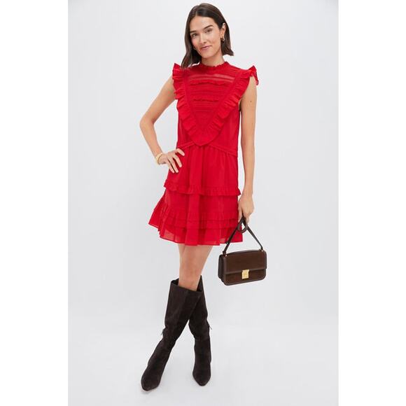 Tuckernuck Pomander Place 100% Cotton Red Cecilia Ruffle Mini Dress Size Medium - Picture 1 of 12